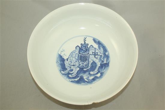 A Chinese blue and white European subject bowl, late 18th / early 19th century, 27cm, damage